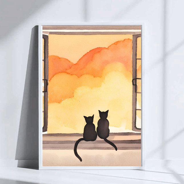 Cats in Window | Sunset Watercolor Silhouette Art Poster (Creator Uploaded)