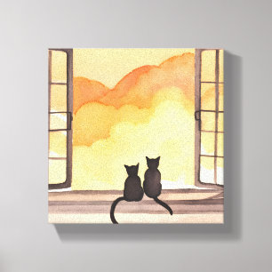 Cats in Window Sunset Watercolor Silhouette Canvas Print
