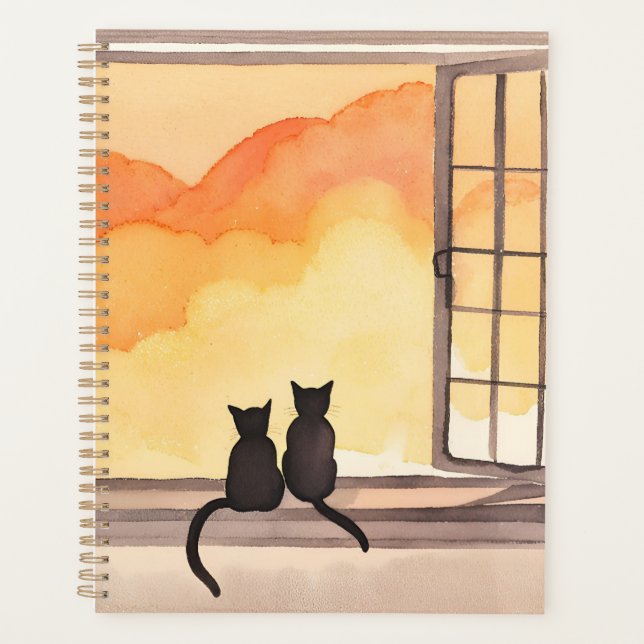 Cats in Window | Sunset Watercolor Silhouette Planner (Front)