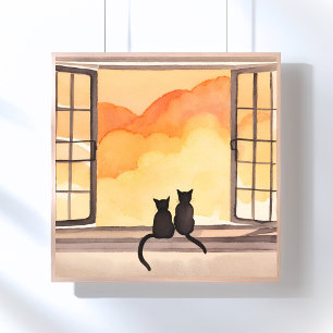 Cats in Window Sunset Watercolor Silhouette Poster