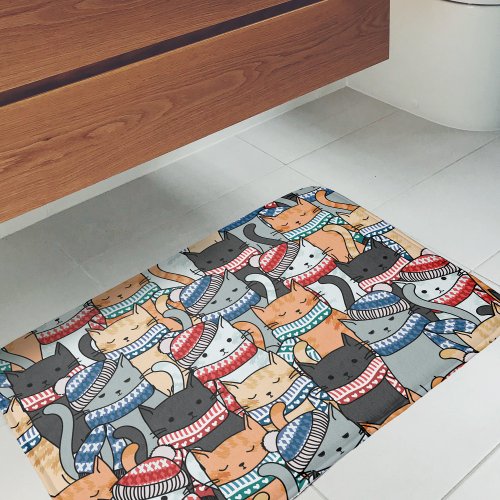 Cats in Winter Scarves  Hats Pattern Bath Mat