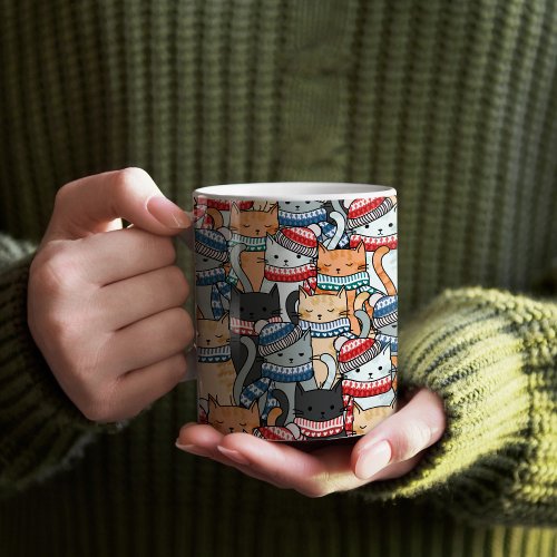 Cats in Winter Scarves  Hats Pattern Fabric Coffee Mug