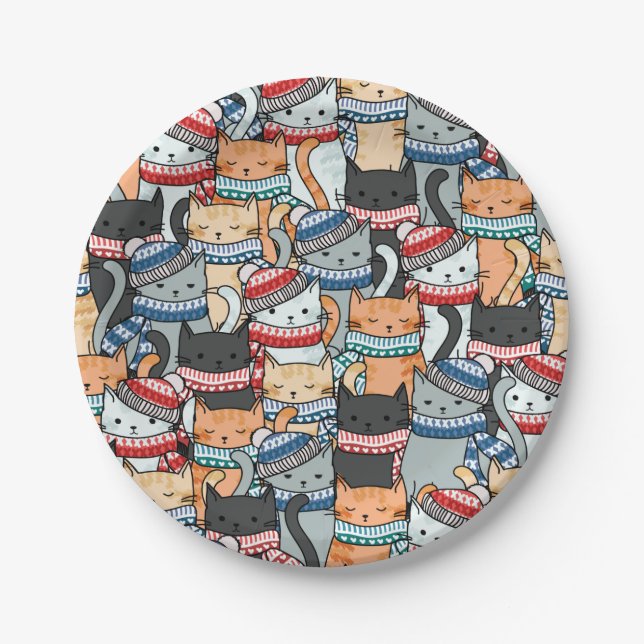 Cats in Winter Scarves & Hats Pattern Fabric Paper Plates (Front)