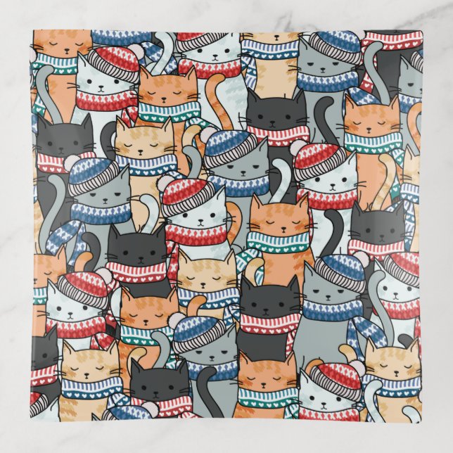Cats in Winter Scarves & Hats Pattern Fabric Trinket Tray (Front)