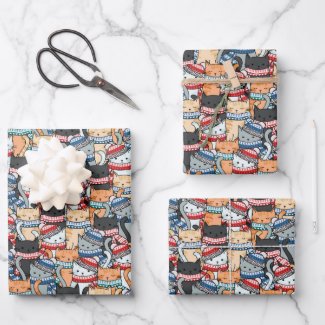 Cats in Winter Scarves & Hats Pattern Fabric