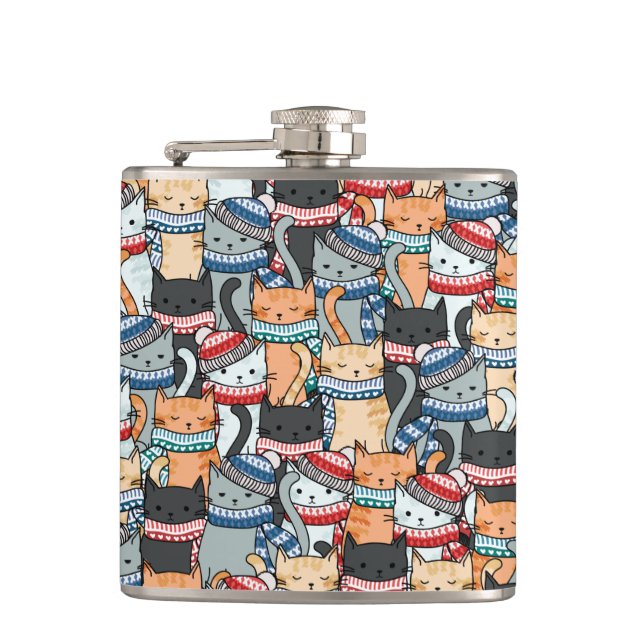 Cats in Winter Scarves & Hats Pattern Flask (Front)