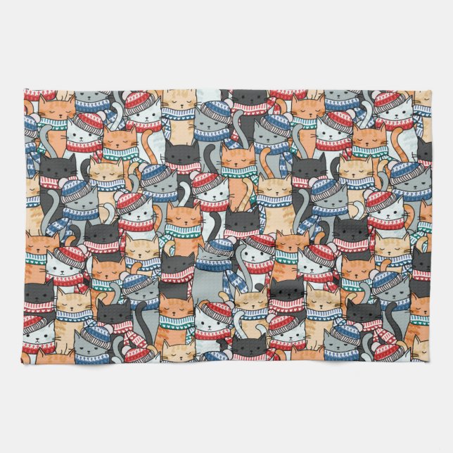 Cats in Winter Scarves & Hats Pattern Kitchen Towel (Horizontal)