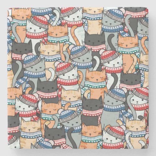 Cats in Winter Scarves  Hats Pattern Stone Coaster