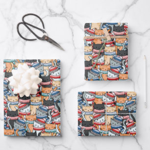 Cats in Winter Scarves & Hats Pattern Wrapping Paper Sheets