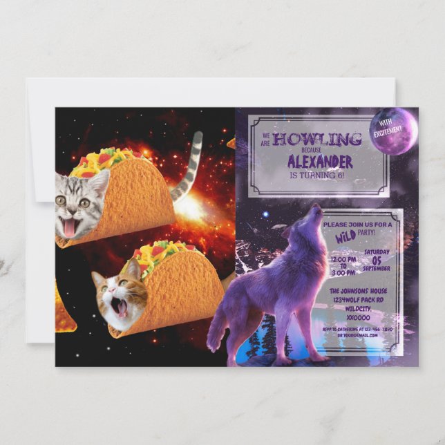 Cats inside space tacos invitation (Front)