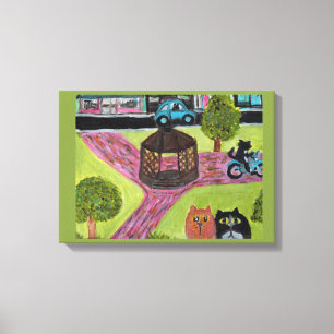 Cats Inside Town Square Cute Folk Art Canvas Print