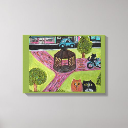 Cats Inside Town Square Cute Folk Art  Canvas Print