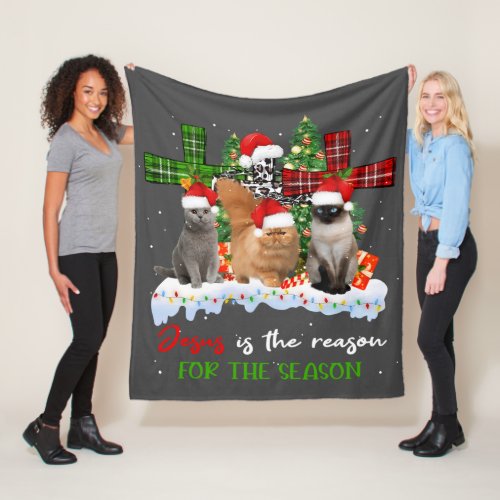 Cats Jesus Is Reason For The Season Christmas Ugly Fleece Blanket