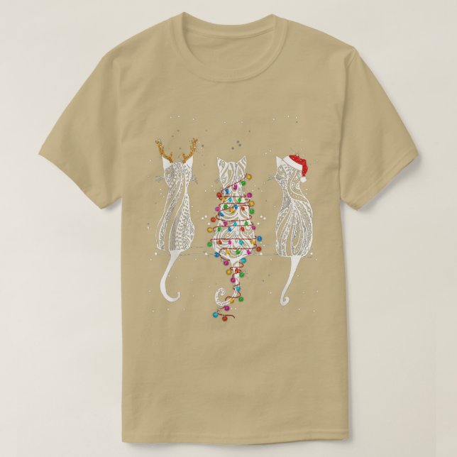 Cats Kitten Tattoo Reindeer Christmas Lights Tree  T-Shirt (Design Front)