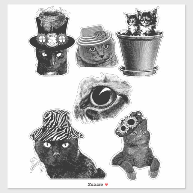Cats Kittens Animals Art black and white drawings Sticker (Sheet)