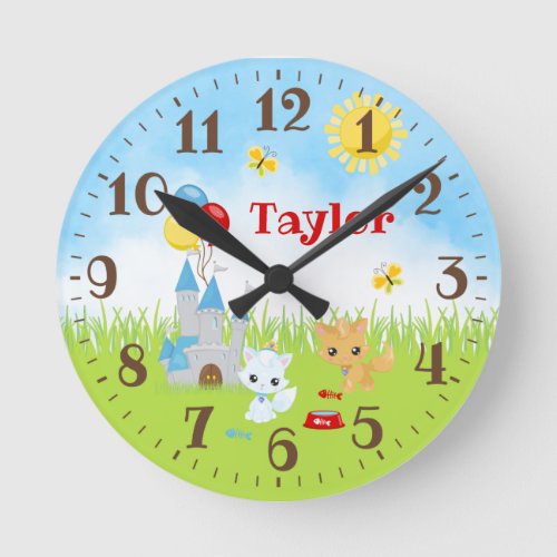 Cats Kittens Castle Blue and Red Round Clock