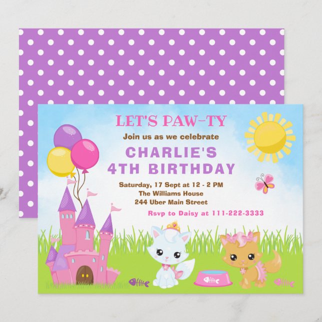 Cats Kittens Castle Pink Birthday Party Invitation (Front/Back)