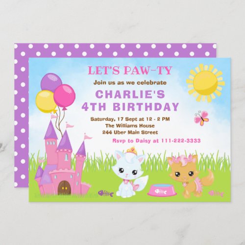 Cats Kittens Castle Pink Birthday Party Invitation