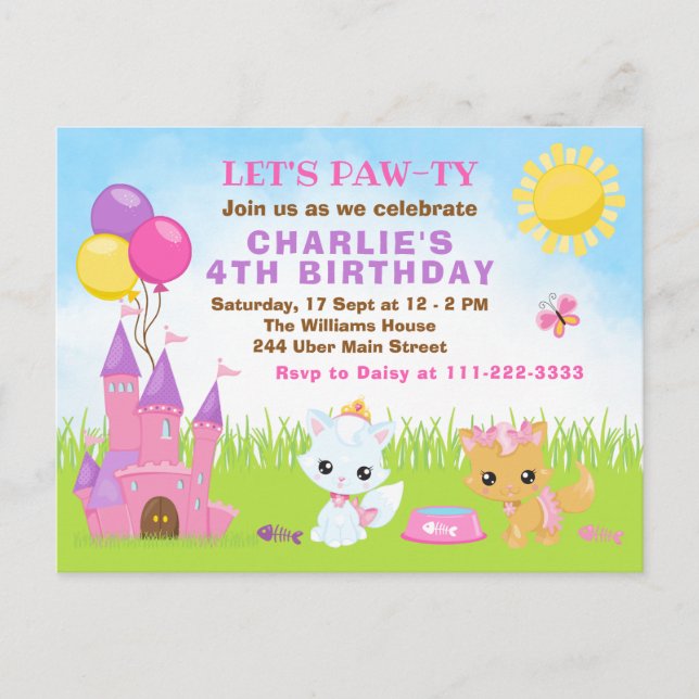 Cats Kittens Castle Pink Birthday Party Postcard (Front)