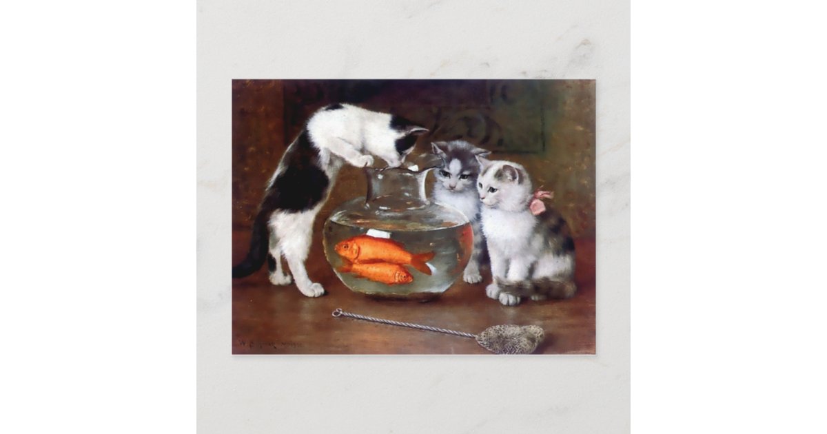 Cats Kittens Fishing in a Fish Bowl painting Postcard | Zazzle