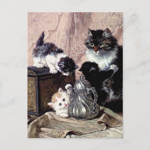 cats kittens playing tea party antique painting invitation postcard