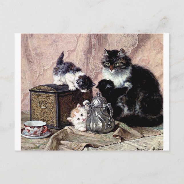 cats kittens playing tea party antique painting postcard (Front)