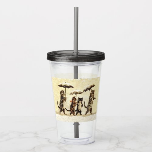 Cats Kittens Walking With Umbrellas Snow Yellow Acrylic Tumbler