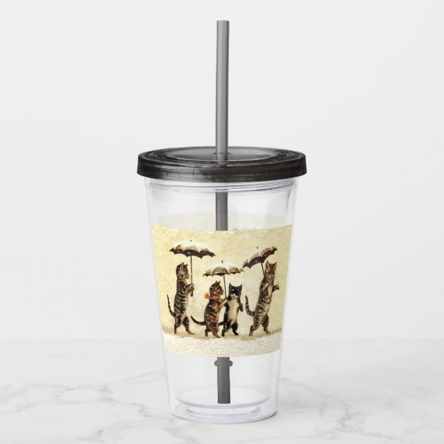 Cats Kittens Walking With Umbrellas Snow Yellow Acrylic Tumbler (Front)