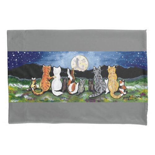 Cats Kittens Watch Moon Night Sky Nature Meadow Pillow Case