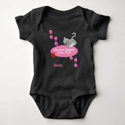 Cats Leave Pawprints  Gray Kitty  Pink  Black Baby Bodysuit