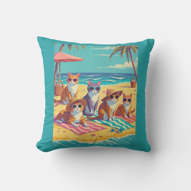 Cats Lounging on the Beach Outdoor Pillow (Front)