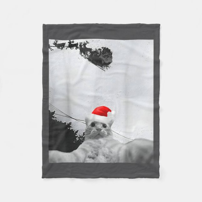 Cats Meme Funny Cat Selfie With Santa Hat Christma Fleece Blanket (Front)