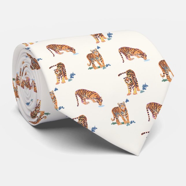 Cats Meow Tigers on Ivory Neck Tie (Rolled)