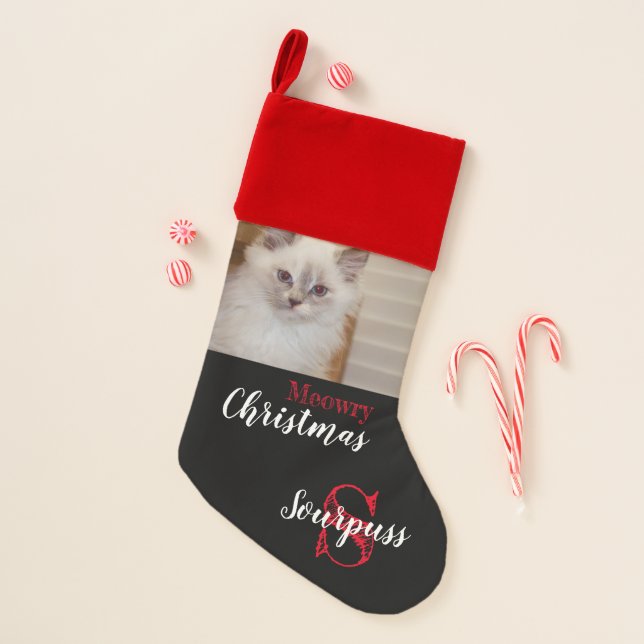 Cat's Meowry Christmas Stocking with Photo&Name - (Front)
