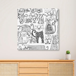 Cats Modern Black and White Hand Drawn  Canvas Print