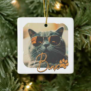 Cat's Modern Simple Cool Grunge Name and Photo Ceramic Ornament