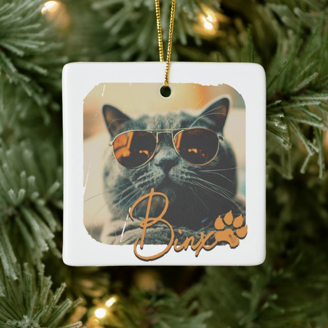 Cat's Modern Simple Cool Grunge Name and Photo Ceramic Ornament (Tree)