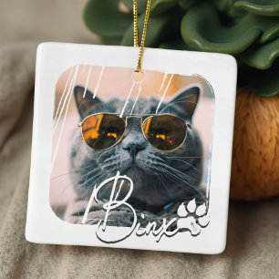 Cat's Modern Simple Cool Grunge Name and Photo Ceramic Ornament