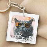 Cat's Modern Simple Cool Grunge Name and Photo Keychain<br><div class="desc">This simple and modern design is composed of modern simple playful script typography. Add custom pet photo of your cat or kitten</div>