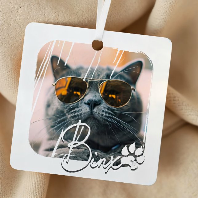 Cat's Modern Simple Cool Grunge Name and Photo Metal Ornament (Creator Uploaded)