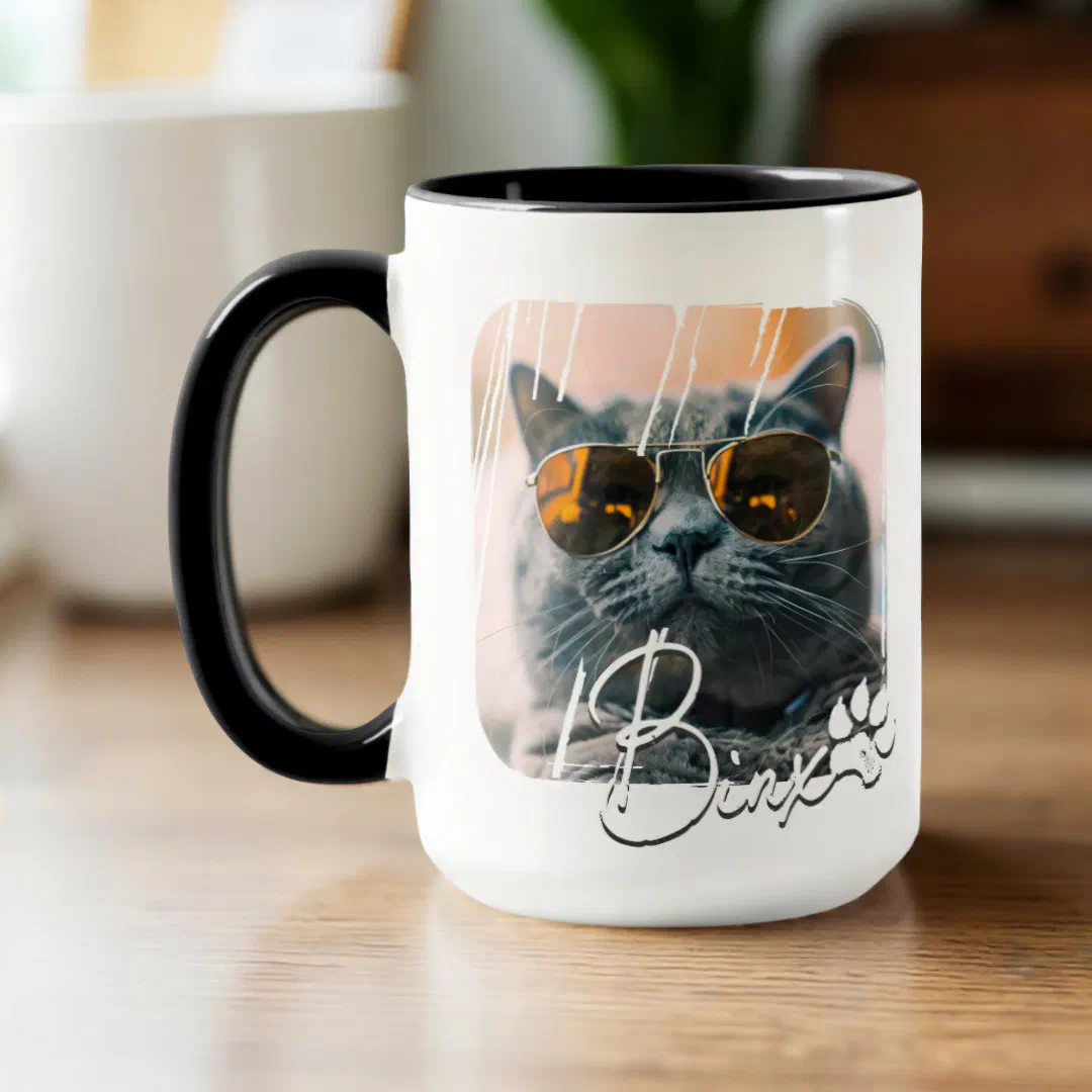 Custom cat photo mug with personalized name and glasses.