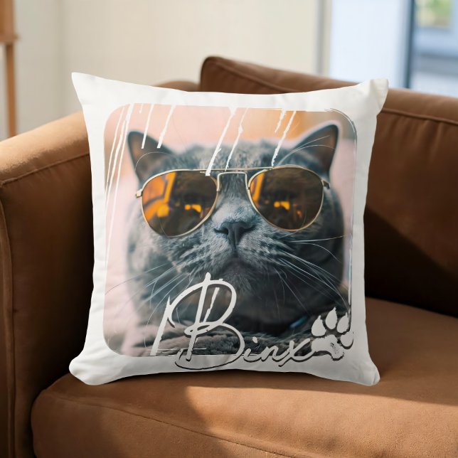 Cat's Modern Simple Cool Grunge Name and Photo Throw Pillow (Creator Uploaded)