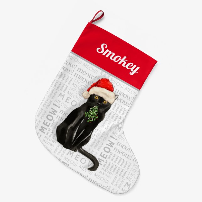 Cat's Name Black Bombay Cat Christmas Large Christmas Stocking (Front (Hanging))
