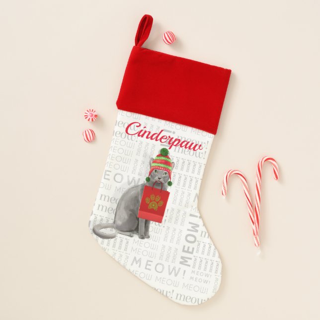 Cat's Name Russian Blue Gray Kitty Christmas Stocking (Front)