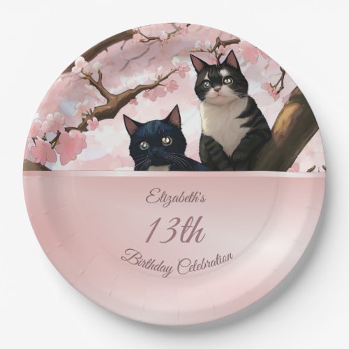 Cats On A Cherry Blossom Tree  Custom Birthday Paper Plates
