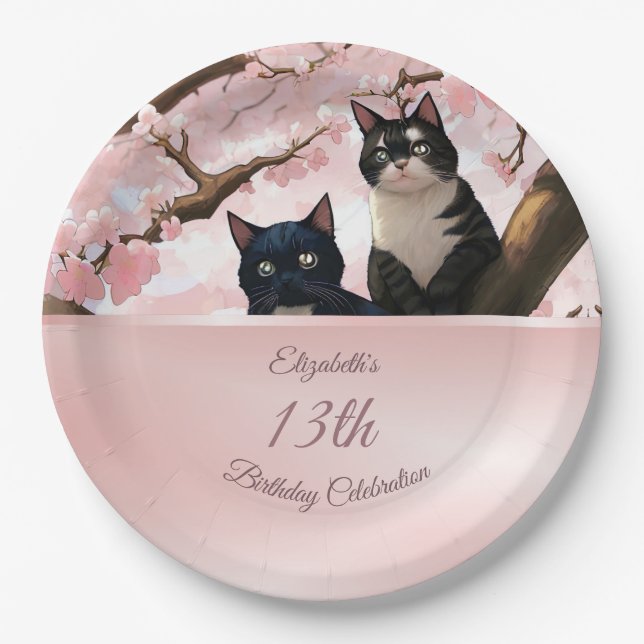 Cats On A Cherry Blossom Tree | Custom Birthday Paper Plates (Front)
