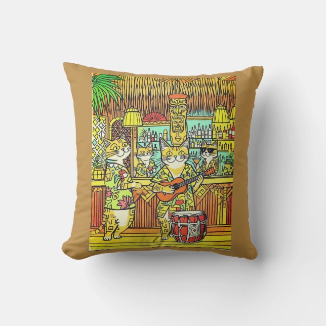 Cats on an Island Vacation in a Tiki Bar Outdoor Pillow (Front)