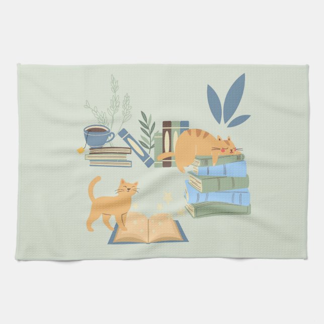 Cats on Books Kitchen Towel (Horizontal)