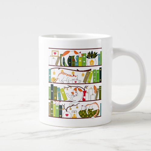 Cats On Bookshelf Cat And Book Lover Gift Giant Coffee Mug