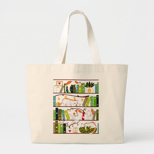 Cats On Bookshelf Cat And Book Lover Gift Large Tote Bag